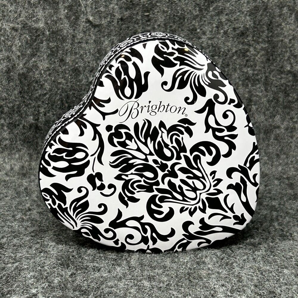Brighton Heart Shaped Tin Black & White 4 x 4 x 1 Inch Cute Trinket Box